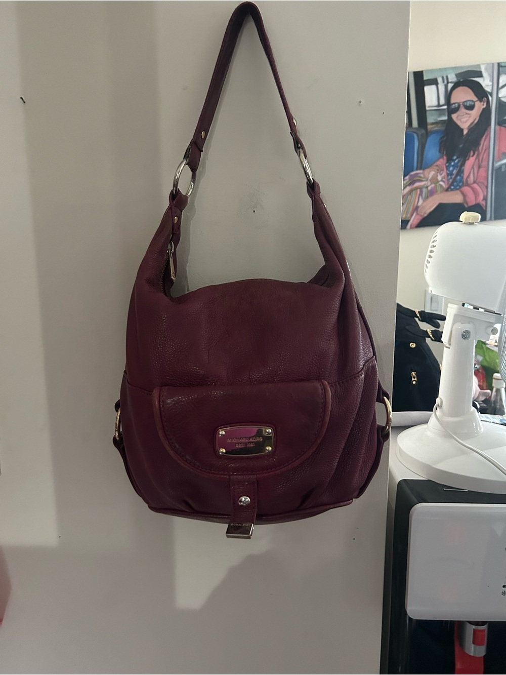 Michael Kors Fulton Hobo Shoulder Bag Plum Leather Gold Hardware